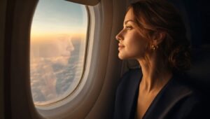 Flying after rhinoplasty — airplane window at golden hour